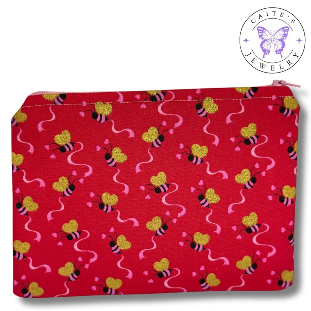Handmade Zipper Pouch with a Valentines Hearts and Bees Fabric